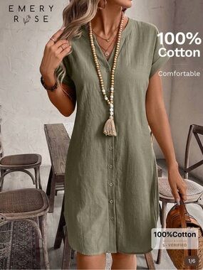 Emery Rose Olive Button-Front Cotton Dress